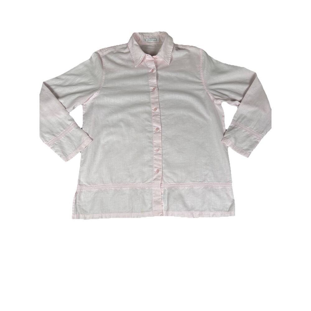 Foxcroft Womens Sz 10 pink button-up linen blend shirt with threadwork trim